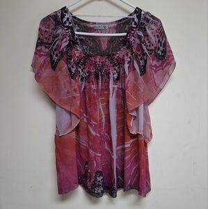 Unity World Wear Pink Flutter Sleeve Boho Chiffon Ruffled Blouse Sz. M